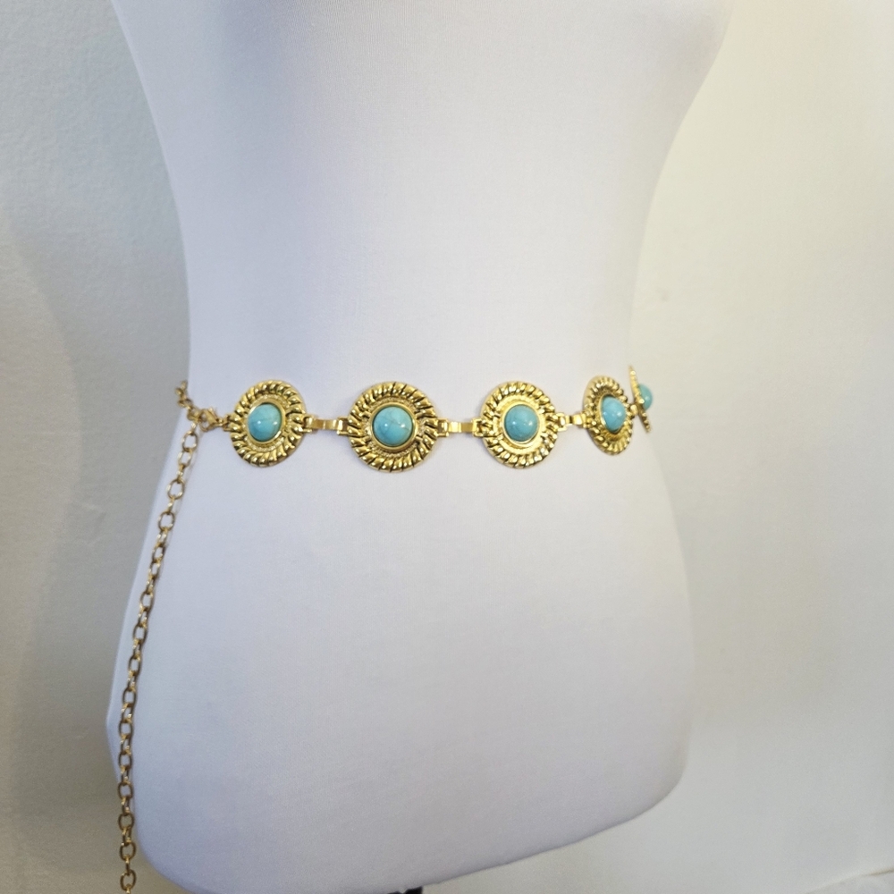 Circular Textured Gold and Turquoise Chain Belt - Picture 5 of 8